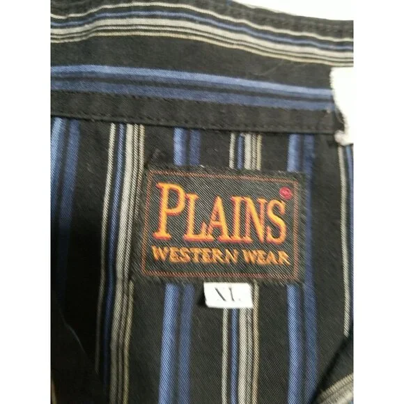 Plains Vintage Western Wear Shirt Mens XL Pearl Snap Black Blue Stripe LS - Picture 10 of 11